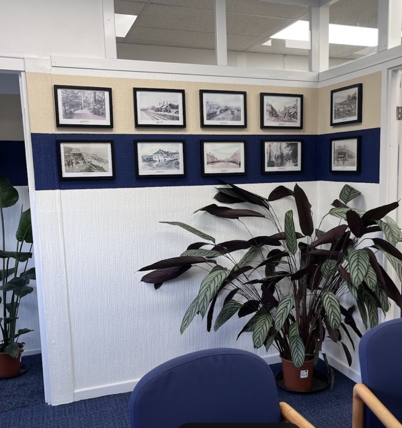 Historic photographs of Seaham displayed in the First Financial office